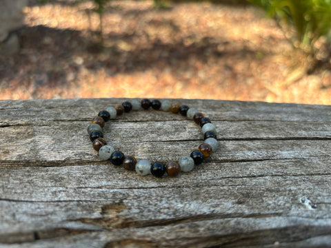 Bracelet élastique de Lithothérapie "Triple Protection" Oeil de Tigre, Labradorite et Onyx noire