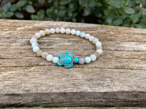 Bracelet élastique de Lithothérapie en Amazonite naturelle et tortue en Howlite