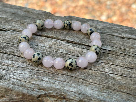 Bracelet élastique de Lithothérapie en Quartz Rose et Jaspe Dalmatien