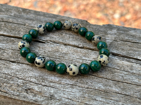 Bracelet de lithothérapie en Malachite et Jaspe Dalmatien