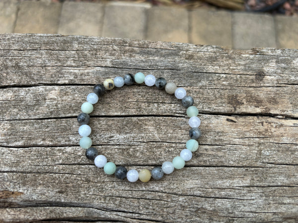 Bracelet élastique de Lithothérapie en Labradorite, Aigue Marine et Amazonite, Made in France