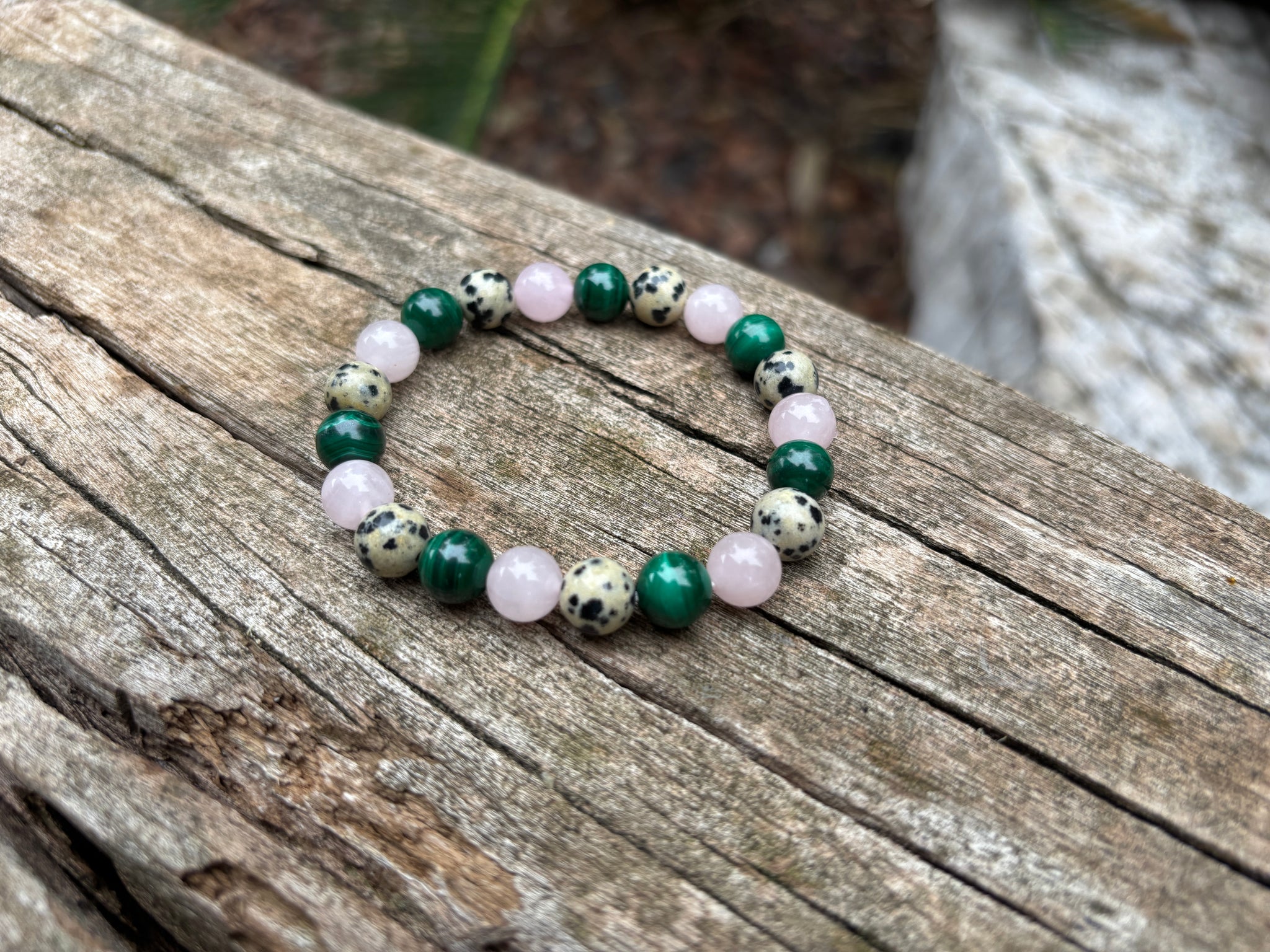 Bracelet de lithothérapie en Malachite, Quartz Rose et Jaspe Dalmatien