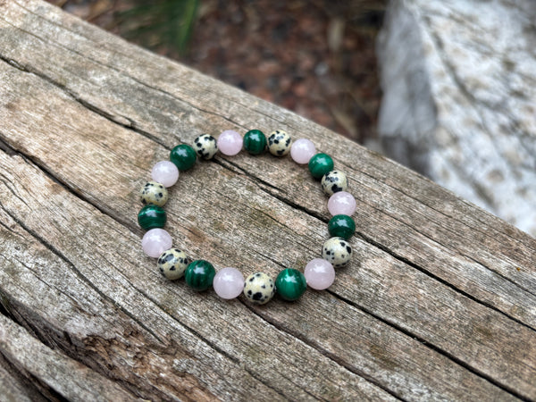 Bracelet de lithothérapie en Malachite, Quartz Rose et Jaspe Dalmatien