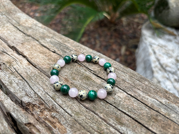 Bracelet de lithothérapie en Malachite, Quartz Rose et Jaspe Dalmatien