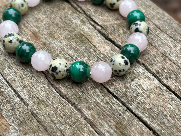 Bracelet de lithothérapie en Malachite, Quartz Rose et Jaspe Dalmatien