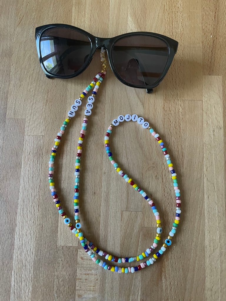 Chaîne cordons à lunettes de soleil, perles blanches et Oeil Turc Naza –  boutique bohème
