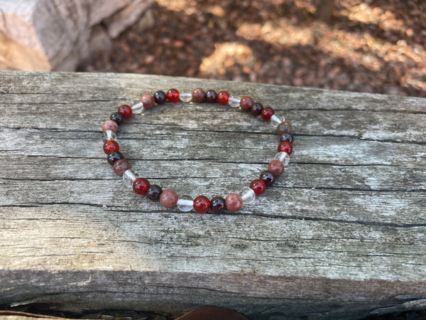 Bracelet élastique de Lithothérapie Multipierres Cristal de Roche, Grenat, Cornaline et Jaspe Rouge